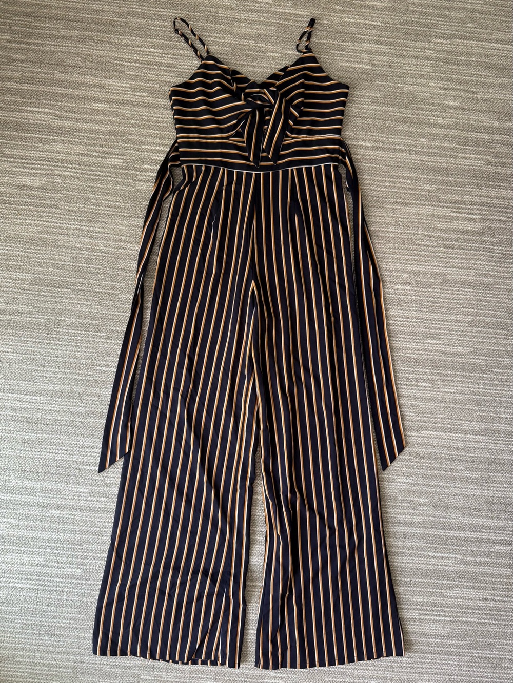 Striped Navy & Gold/yellow Wide-Leg Jumpsuit with Tie Front